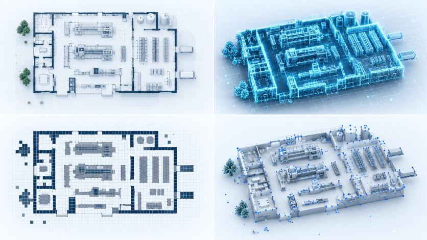 2Dマップ、3D点群、占有格子地図、Visual Mapの比較