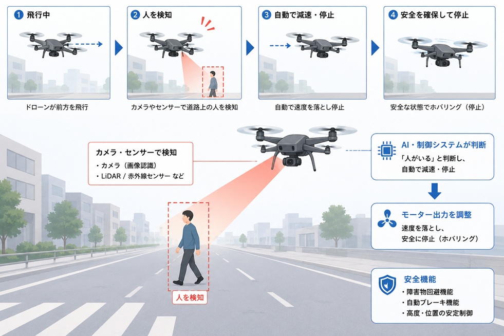 AIで人物を検知し自動減速停止するドローン安全飛行イメージ