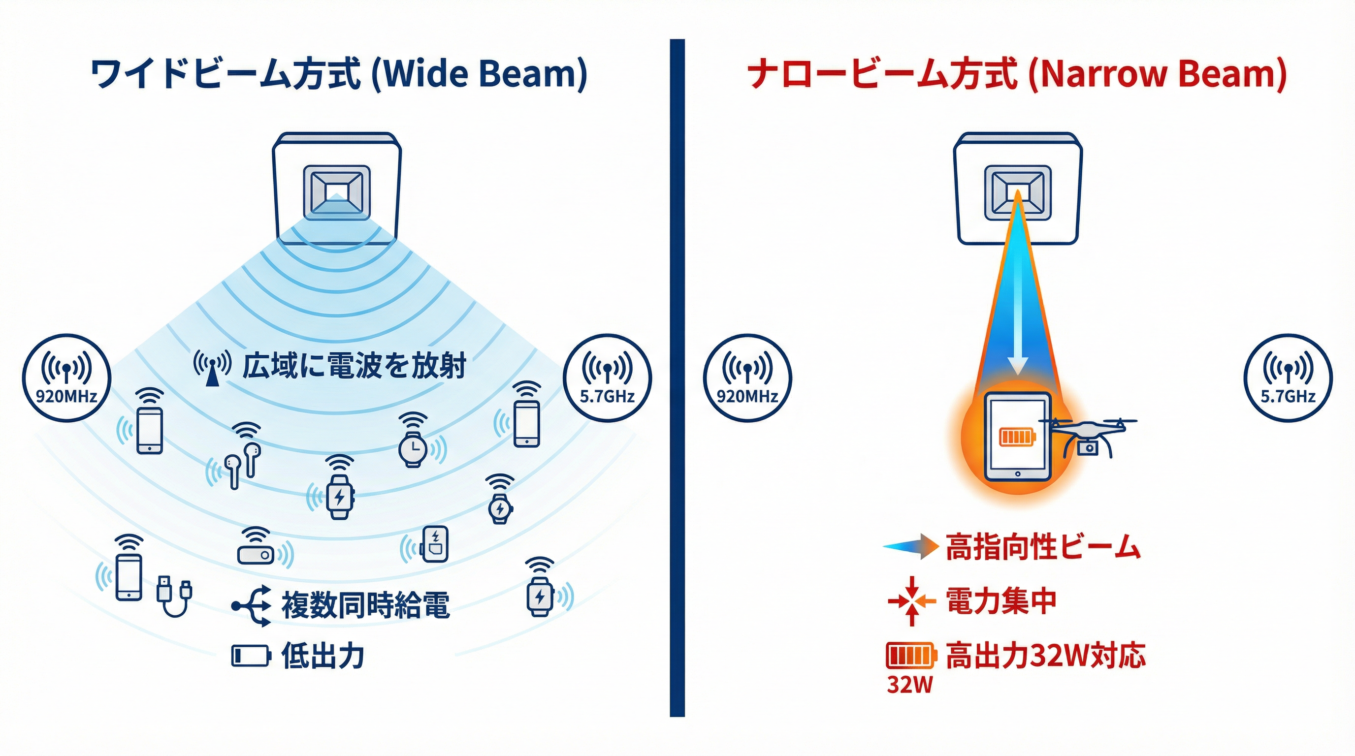 ワイドビーム方式とナロービーム方式の比較図