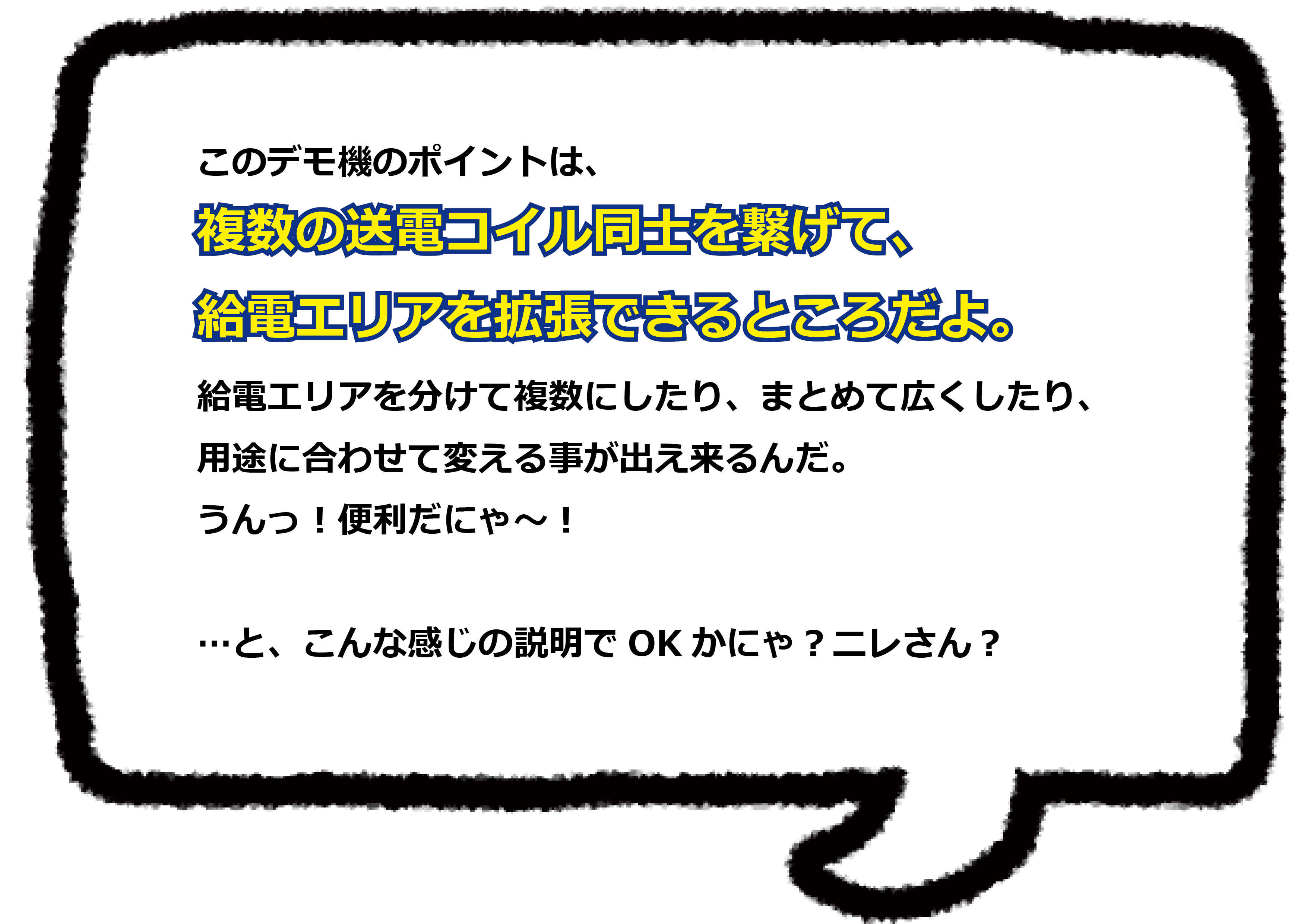 このデモ機のポイントは、 複数の送電コイル同士を繋げて、 給電エリアを拡張できるところだよ。 給電エリアを分けて複数にしたり、まとめて広くしたり、 用途に合わせて変える事が出え来るんだ。 うんっ！便利だにゃ～！  …と、こんな感じの説明でOKかにゃ？ニレさん？