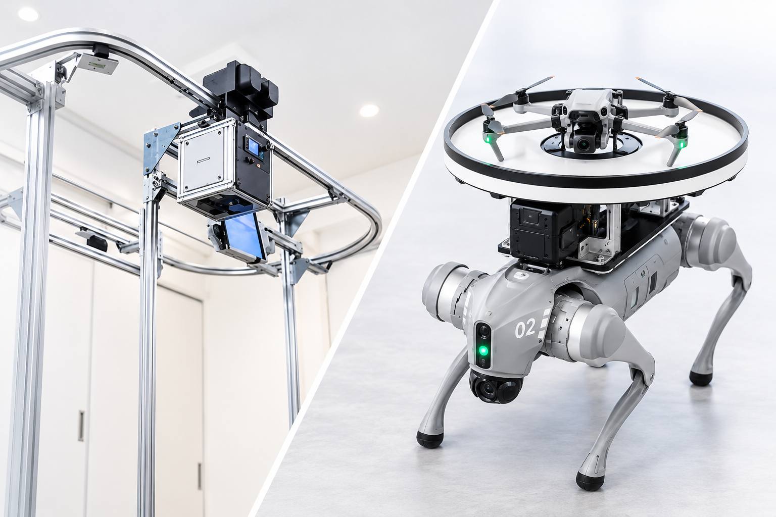 レール型装置とドローンを搭載した犬型ロボットのシステム開発イメージ