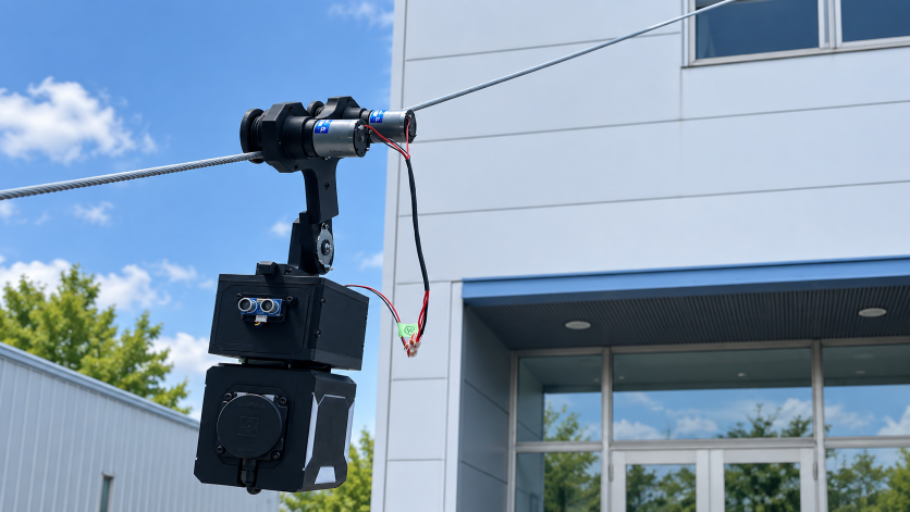 ワイヤーを利用した移動・昇降型ロボットの屋外試作イメージ